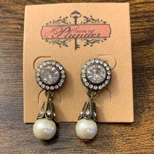 Plunder Antique Gold Crystal Halo and Ivory Pearl Drop Earrings